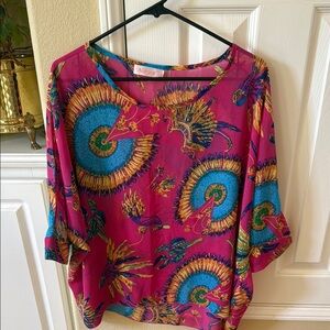 Pink feathers print  3/4 Sleeve Relaxed Blouse dolman blouse see through